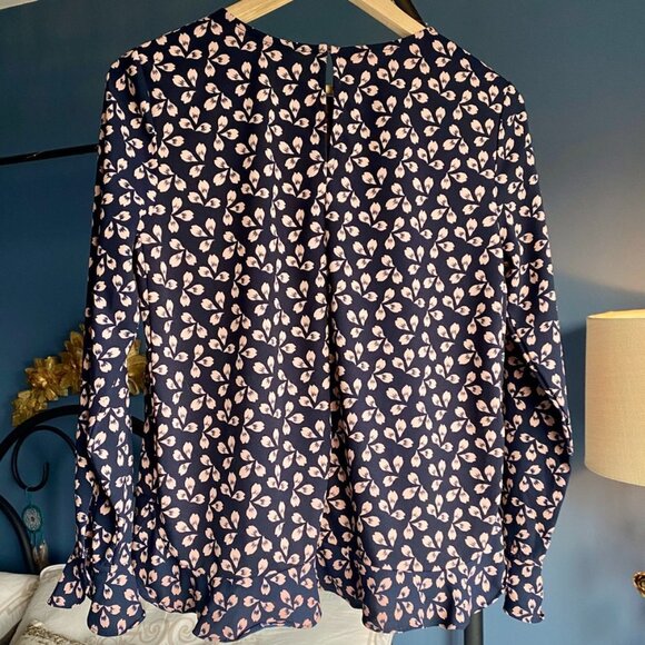 Ann Taylor Petite Navy Blue and Peach Petals Ruffle  Sleeve Blouse - Picture 5 of 6